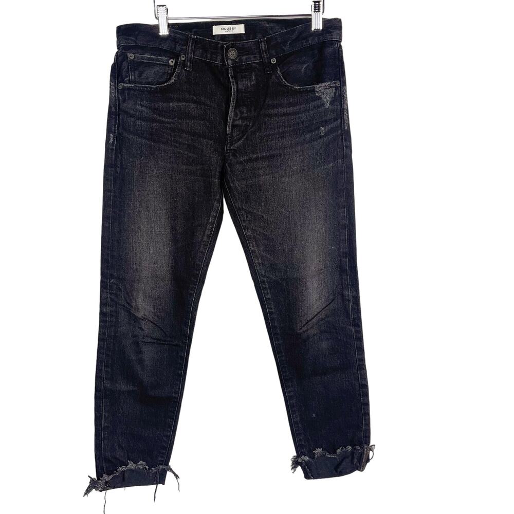 Moussy Vintage 27 Distressed Black Staley Tapered Jeans Button Fly Cotton Fray